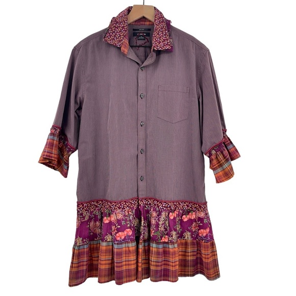 Custom Up-Cycled Tunic 3/4 Sleeves Button Up Ruffle Hem Mixed Print Purple | M/L - Picture 2 of 11